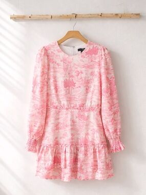 AQUA Pink Toile Print Mini Dress- Romantic Bridal Shower Garden Tea Party- XS